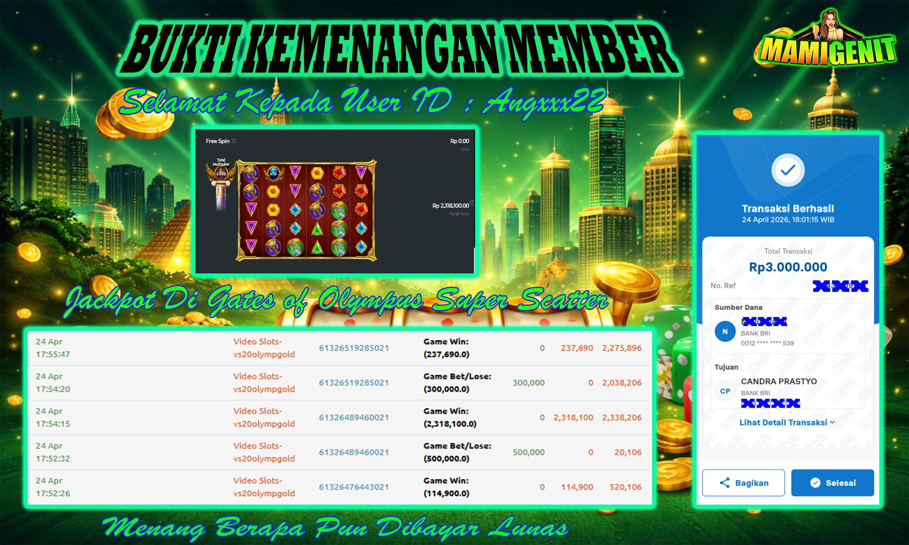MAMIGENIT - JACKPOT DI SEBESAR RP.3,000,000,- DI GAME GATES OF OLYMPUS SUPER SCATTER